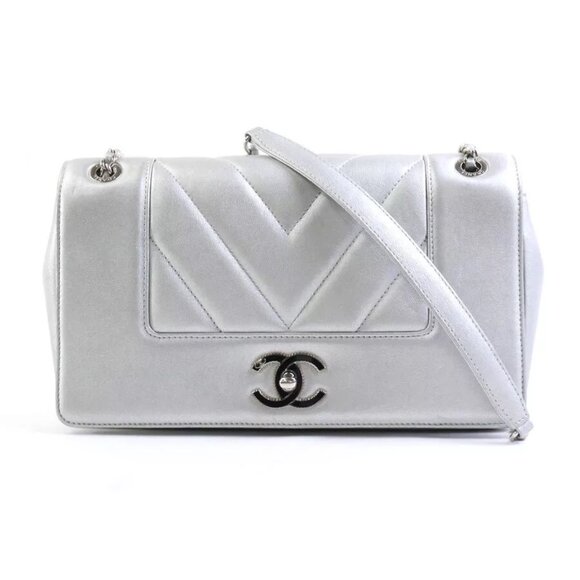 Auth CHANEL V Stitch Chain Shoulder Bag Silver Leather - Picture 1 of 16